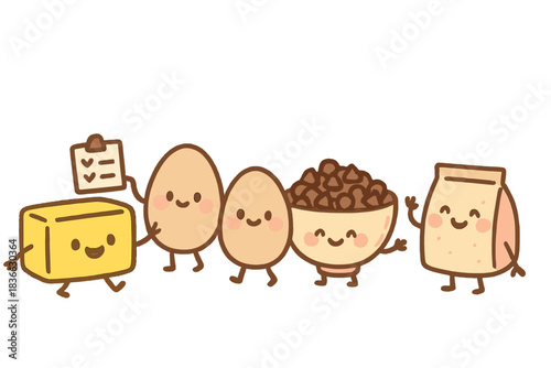 Cheerful Bakery Ingredients. Adorable doodle scene of cheerful bakery ingredients — butter, eggs, chocolate chips, and yeast —