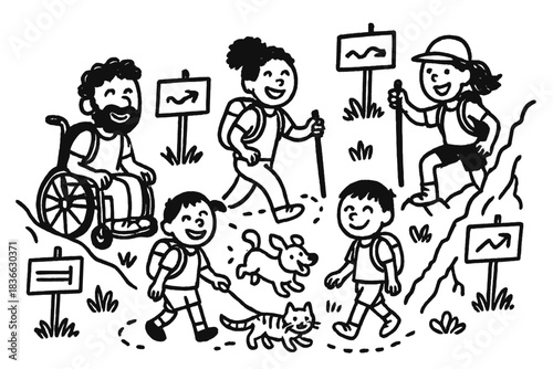 Inclusive Hiking Adventure. Fun doodle illustration of inclusive hiking adventure — smiling people, pets, and trails with doodly