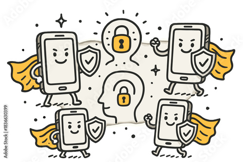 Heroic Phones Guarding Data. Fun doodle illustration of adorable phones wearing shields and capes protecting user information with