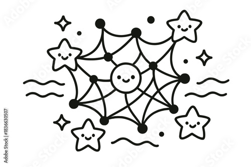 Dreamy Neural Network. Cute doodle vector of happy neural network forming delicate dream webs with smiling stars and soft waves,