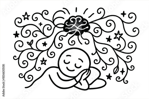 Dreamy Neural Whimsy. Charming doodle vector of serene character resting while glowing neural lace weaves whimsical dream threads