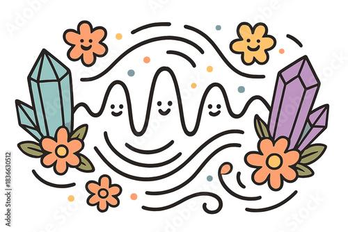 Crystal Sonic Swirl. Playful doodle vector of sonic wave machine made of crystals, blossoms, and smiling frequencies swirling
