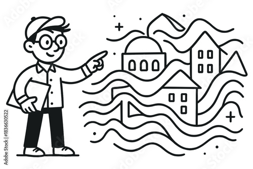 Morphing Architecture Guide. Charming doodle vector of designer character guiding morphing architecture made of gentle waves and