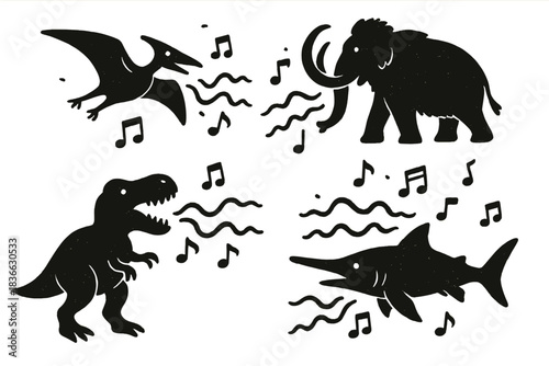 Ancient Echoes Doodle. Playful doodle vector of ancient creatures’ silhouettes forming musical echoes from reconstructed