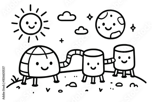 Smiling Mars Habitat Doodle. Charming doodle vector of Mars landscape with smiling habitat modules connected by tubes carrying