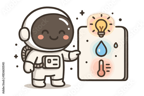 Happy Astronaut Doodle. Cute doodle vector of happy astronaut checking life support dashboard with glowing air, water, and