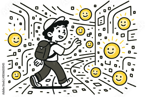 Exploring Dreamy Data Corridors. Playful doodle vector of character exploring dreamy digital corridors filled with happy glowing
