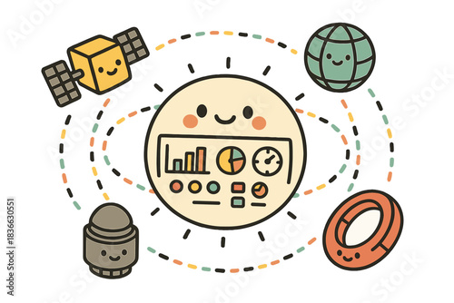 Dyson Sphere Dashboard Doodle. Cute doodle vector of happy control dashboard showing Dyson sphere assembly stages with colorful