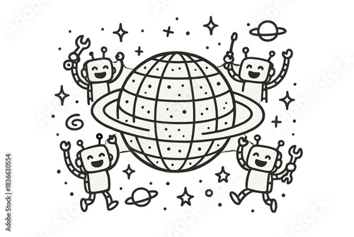 Celebrating Maintenance Bots. Charming doodle vector of completed Dyson sphere surrounded by happy maintenance bots celebrating in