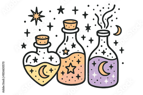 Celestial Bottles Dream Fuel. Playful doodle vector of cute celestial bottles labeled with love, courage, and hope blending into