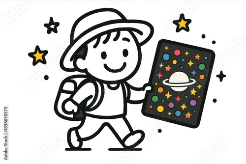 Cosmic Traveler's Passport. Cute doodle vector of happy traveler holding a cosmic passport covered in colorful multiverse entry