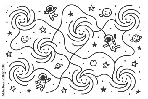 Smiling Galactic Adventure. Doodle-style universe grid with smiling galaxies connected by bright threads of dark matter, little