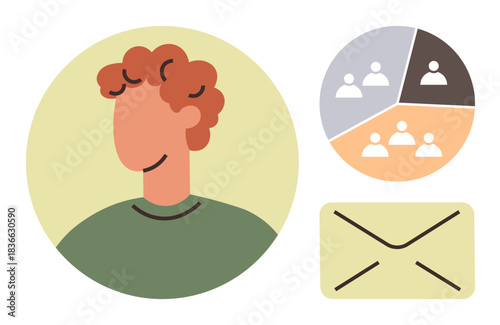 Portrait of a person in a green shirt, segmented chart displaying team distribution, and an envelope icon. Ideal for communication, teamwork, profile setup, leadership, community, organization