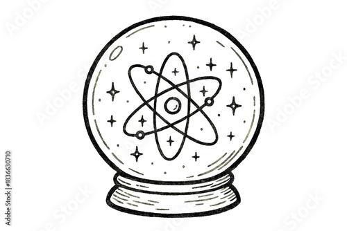 Atomic Crystal Ball. Charming doodle crystal ball showing an atomic structure inside, orbiting electrons twinkling like stars, No