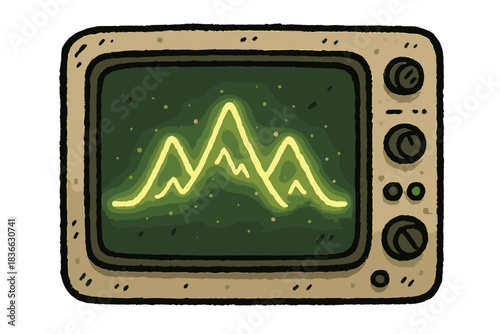 Mountain Waveform Doodle. Whimsical doodle oscilloscope screen displaying a serene mountain range waveform, glowing peaks and