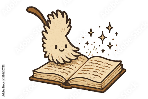 Magical Restoration Scene. Cute doodle feather duster gently brushing an ancient manuscript, tiny sparkles of dust turning into