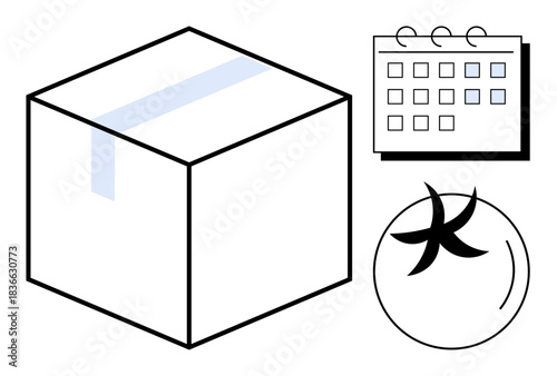 Box with tape displaying delivery, calendar representing schedule or deadline, clock symbolizing time management and urgency. Ideal for logistics, planning, time tracking, shipping, deadlines