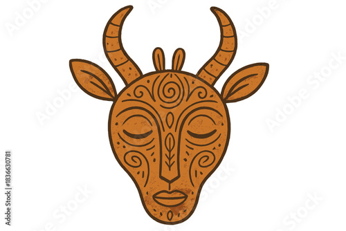 Antelope Spirit Mask. Whimsical doodle African mask featuring an antelope spirit, warm earthy tones and gentle symmetrical