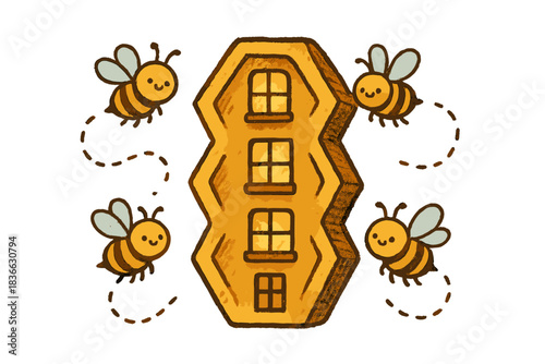 Bee Apartment Complex. Cute doodle honeycomb cell designed like a tiny high-rise apartment, windows glowing warmly and happy bees
