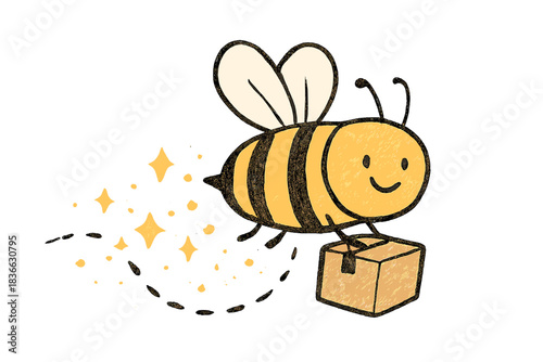Pollen Trail Bee. Friendly doodle delivery bee zipping through the sky with trails of pollen sparkles behind it, No text, No