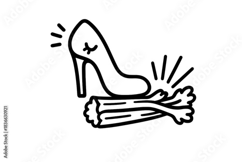 Dramatic Shoe Crunch. Cute doodle high-heel shoe stepping dramatically on a crunchy bundle of celery, playful sound lines bursting