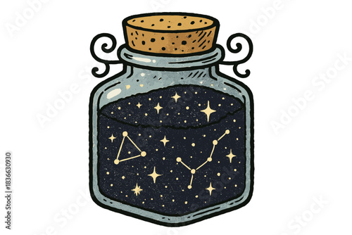 Stardust Spice Jar. Whimsical doodle spice jar filled with shimmering ground stardust, tiny constellations glowing through the