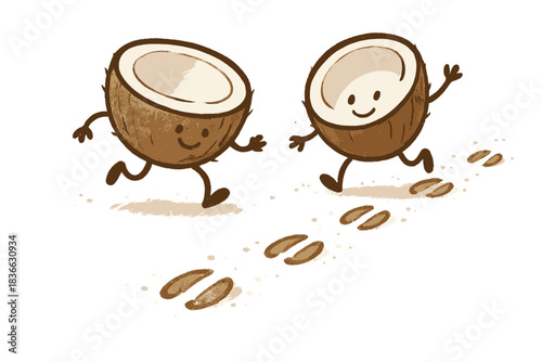 Dancing Coconut Hoofprints. Friendly doodle coconut halves leaving a rhythmic trail of hoof prints behind, snowy foley magic, No