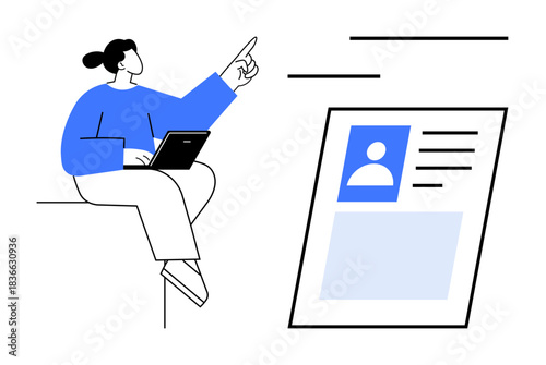 Digital profile concept. A modern depiction of digital identity with a person managing online profiles and interacting with digital identification. For digital workflow, online identity, profile