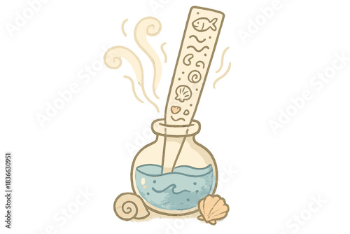 Oceanic Scent Strip. Whimsical doodle perfume blotter strip dipped into a tiny ocean vial, soft waves and seashells releasing a