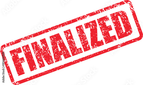 The grungy rectangular finalized stamp in bright red signifies completion on a white background