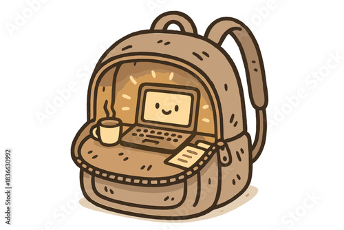 Portable Office Surprise. Cute doodle backpack unzipping to reveal a tiny mobile office inside, with a smiling laptop, coffee cup,
