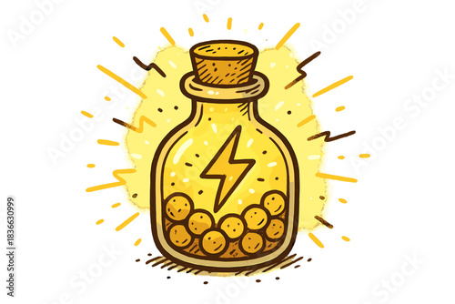 Energized Nootropic Vial. Charming doodle vial of nootropics glowing with energy, a small lightning bolt shining within to show
