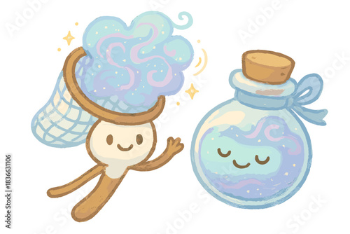 Dream Energy Duo. Friendly doodle net and vial duo filled with swirling dream energy, bright and gentle dreamkeeper feeling, No