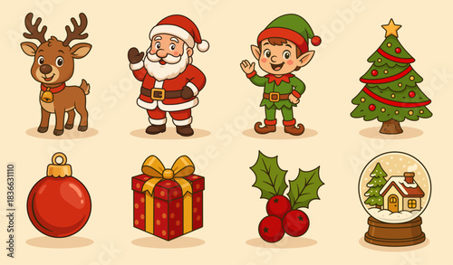 Christmas characters and objects illustrations set. Vector cartoon clipart for Christmas decorations.