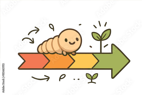 Cute Maggot Journey. A tiny smiling maggot crawling along a colorful progression timeline, surrounded by doodle arrows and gentle