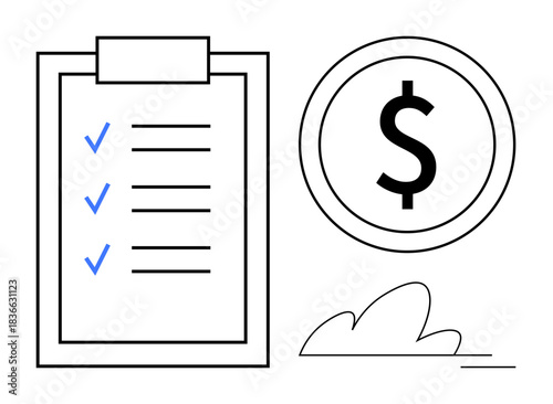 Financial planning, budget management, money saving, economic strategy, to-do list, productivity. Checklist alongside a dollar symbol. Financial planning and budget management concept