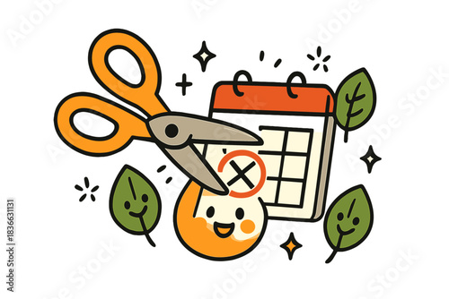 Happy Harvest Snip. A cheerful harvesting scissor snipping a marked day on a calendar, surrounded by smiling leaves and doodle