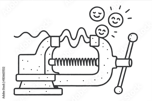 Soundwave Compression Fun. A metal vice gently squeezing a wavy soundwave, smiling compression indicators popping out playfully,