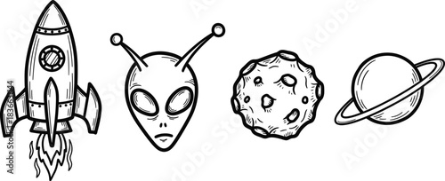 A set of four hand-drawn doodle icons on a single image a wobbly rocket ship a crooked alien head a rough asteroid and an imperfect simple planet