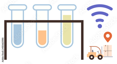 Test tubes with liquids, wireless signal, forklift moving samples, location pin. Ideal for science, technology, logistics, productivity data integration IoT innovation. Modern simple flat