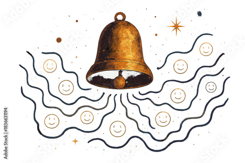 Cosmic Happy Bell. A bell floating in darkness, sending out rippling doodle waves with happy faces, cosmic and mystical style, No