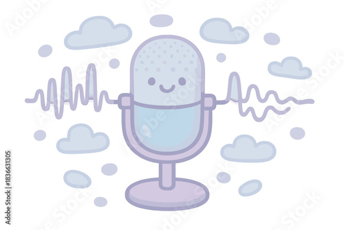 Smiling Spectrogram Waves. A microphone surrounded by tiny animated waves forming a smiling spectrogram, soft rounded Doodle