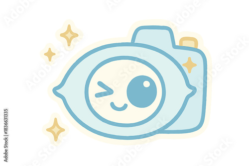 Winking Eye Doodle. A winking eye ready to "take photo," tiny happy sparkles around it, soft rounded shapes, limited pastel blue