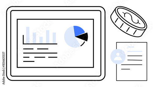 Financial analysis, business strategy, data visualization, money management, economic planning, digital banking. Tablet showing data graphs, pie chart currency coin and document. Financial analysis