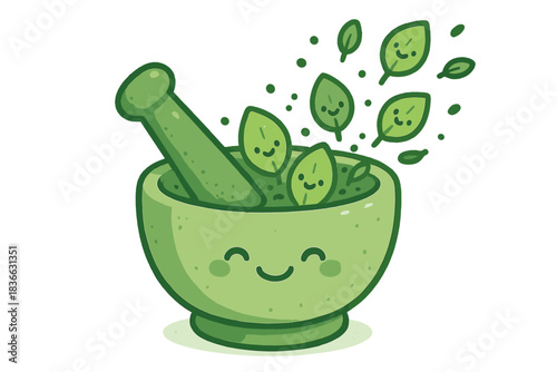 Joyful Herbal Crush. A joyful mortar and pestle crushing herbs with tiny animated leaves flying out, friendly faces on each herb,