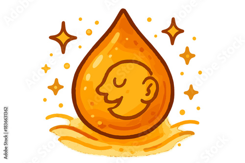 Amber Droplet Glow. A cheerful whisper captured in a droplet of amber, tiny sparkles and soft waves around, cozy rounded doodle