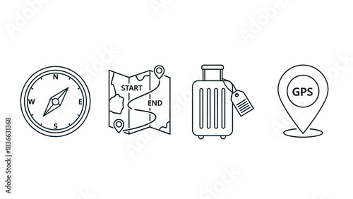 Travel planning with compass map luggage and gps location for adventure and destination exploration trip