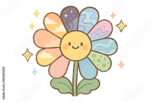 Multiverse Bloom. A cheerful flower blooming with petals from different realities, tiny smiling sparkles around, cozy rounded
