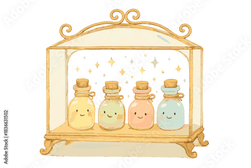 Whispering Bottles Display. A delicate display case with happy little bottles containing playful whispers of forgotten rumors,
