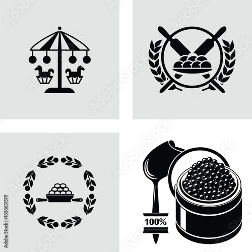 Set of food and entertainment icons simple flat vector design elements isolated on white background